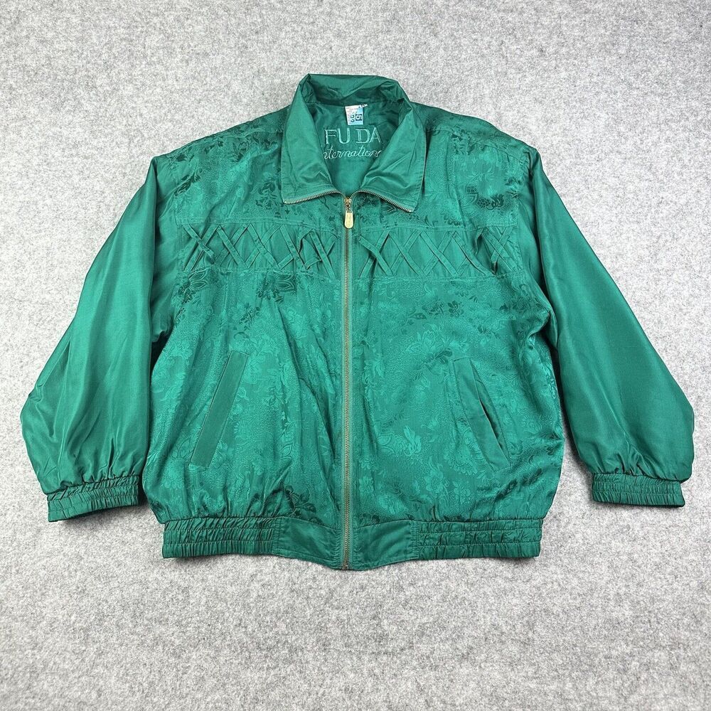 VTG Fu Da International 100% Silk Jacket Womens PL Petite Large Green Floral*